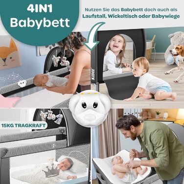Дитяче ліжечко Kidiz Baby Travel Cot, складне дитяче ліжечко з матрацом та колесами 120x60, бічний вхід, пеленальний килимок, москітна сітка та сумка для перенесення, дитяче ліжечко, дитяче ліжко від народження до 15 кг, чорне