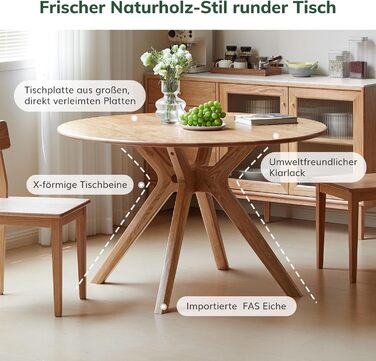 Обідній стіл з масиву дуба, круглий стіл 120 см, без шпону, сучасний кухонний стіл, круглий обідній стіл, міцний, обідні столи для 4-6 осіб, 120x120x74,8 см, натуральний колір