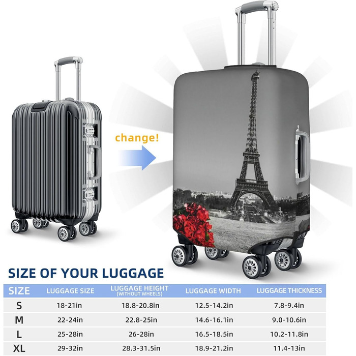 Чохол для валізи Паризька вежа з трояндою, міцний захист для багажу розміру XL (45.7-81.3 см), чорний