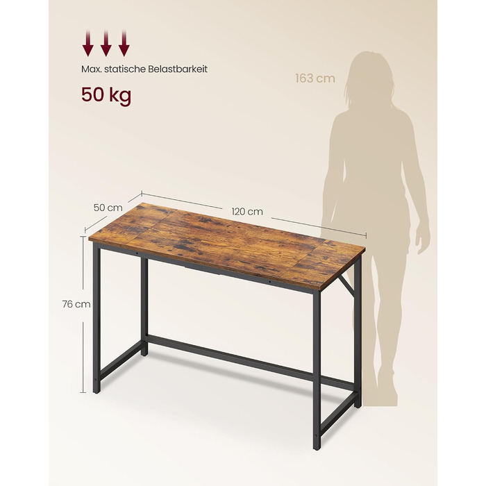 Стіл VASAGLE комп'ютерний та офісний стіл, 120 x 50 x 76 см, вінтажний коричневий/чорнильний чорний