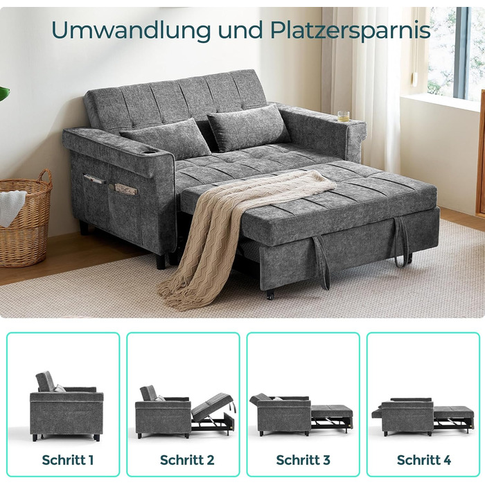 Розкладний диван LINSY HOME 3-в-1, 2-місний диван з функцією сну, розкладний диван-ліжко з шенілу з подушками, бічною кишенею та підставкою для чашок - спальне місце 120 x 190 см сірого кольору 120 x 190 см