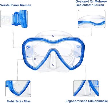 Дитячий набір для снорклінгу, набір для дайвінгу, маска для снорклінгу з 3-канальним преміум сухим снорклінгом та окулярами для дайвінгу з захистом від протікання та запотівання, професійний набір для снорклінгу для дітей, синього кольору