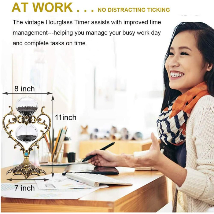 Пісочний годинник для Uten, Поворотний на 720, Старовинний білий пісочний годинник, Вінтажний пісочний годинник 1 Hora Reloj de Arena, Великий метал, Пісочний годинник, Офіс, Письмовий стіл, Дім, Весільне оформлення (чорний, 60 хв)