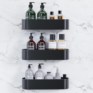 Кухонний та ванний органайзер без свердління, 3 шт. чорного кольору (L-розмір). Самоклеючі полиці з алюмінію з матовою поверхнею для ванної кімнати та кухні, не пошкоджують стіну.