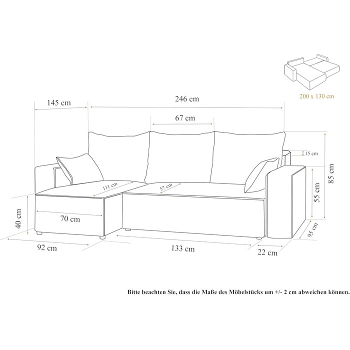 Кутовий диван з функцією сну Tobi 246x145 см - Диван - Диван з ящиком для зберігання - Кутовий диван - L-подібний - Диван-ліжко - Диван-ліжко з ящиком для зберігання - Універсальний (Centaur 01 Бежевий)