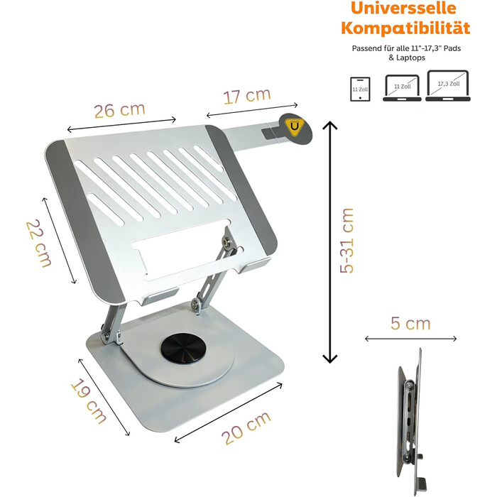 Стійка для ноутбука з магнітним тримачем для телефону, поворотна на 360 та регульована по висоті, виготовлена зі сталевого сплаву надміцна, складана, ергономічна з вентиляцією, для ноутбуків 1017,3 дюймів