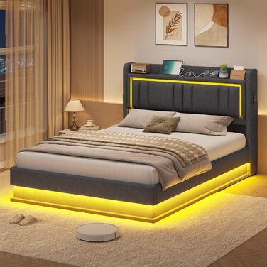 Ліжко зі світлодіодним освітленням, гідравлічне ліжко 140x200 см, м&39яке ліжко, узголів&39я з місцем для зберігання, зарядна станція, каркас ліжка з рейковою основою, візуальний ефект &quotплаваючий&quot, спальня, лляна тканина сірого кольору 140 x 200 С