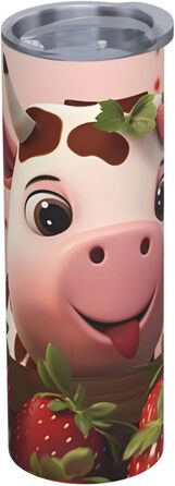 Кухоль з прямою трубочкою, дизайн корови та полуниця, друкований, дорожній кухоль, підходить для кемпінгу, офісу та дому, 590 мл