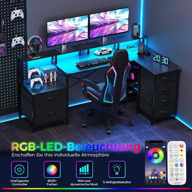 Ігровий Г-подібний стіл IRONCK з LED-підсвіткою та розетками (2AC1USB1C), 189x100 см, кутовий комп'ютерний стіл з 6 шухлядами та підставкою для монітора, реверсивний стіл для дому та офісу, чорний