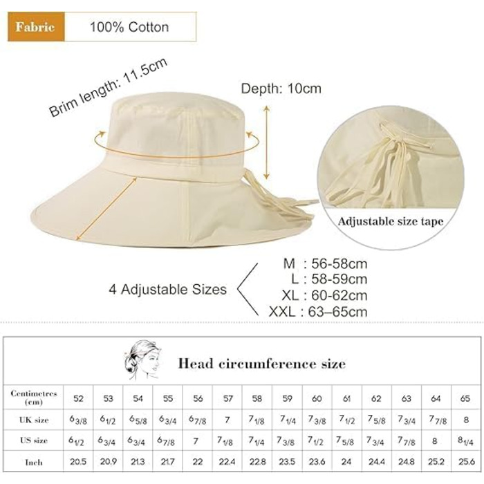 Жіночий сонцезахисний капелюх від бавовни UPF 50 із захистом від сонця та захистом шиї для жінок із широкими полями, складний, бежевий, розмір L