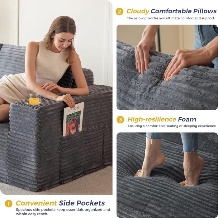 Модульний диван та шезлонг MAXYOYO, диван Cloud без кісток, кутовий диван на 3-4 місця з регульованим положенням ліворуч/праворуч, вельветова оббивка, великий L-подібний розкладний диван для вітальні, складання не потрібне, сірий шезлонг ліворуч