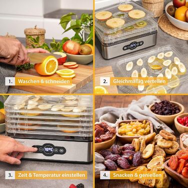 Дегідратор TZS First Austria Дегідратор для фруктів, трав, грибів і м'яса цифровий з таймером і регулятором температури 35-70C 5 полиць, полиці з нержавіючої сталі, дегідратор з таймером Полиці з нержавіючої сталі 5 поверхів