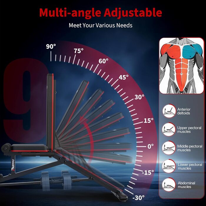 Жим ногами для домашнього використання, максимум 550 кг, лава для штанги з 9 регульованими положеннями спинки (включаючи 90) та місцем для зберігання штанги, регульована лава для тренажерів для жиму ногами, чорний колір