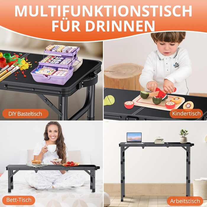 Складаний кемпінговий стіл FUNYKICH з 3 регульованими висотами (26/48/70 см), портативний алюмінієвий стіл для гриля, для вулиці 87x40 см, панелі МДФ, багатофункціональний стіл-валіза для пікніків, кемпінгу, балкону, чорний 87 x 40 x 26/48/70 см