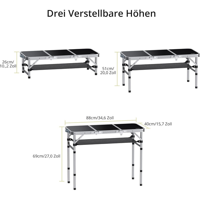 Кемпінговий стіл Anbte, розкладний стіл з алюмінію, 88x40 см (ДxШ) з 3 регульованими висотами, портативний стіл для пікніка з сіткою для зберігання, стіл-валіза, стіл для гриля, садовий стіл для кемпінгу, вечірок, пляжу (чорний)