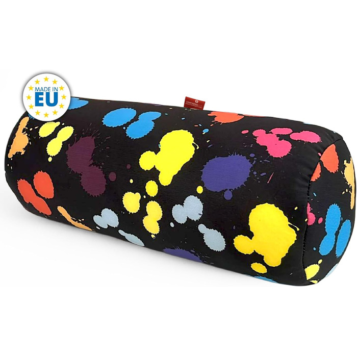 Кругла антистресова подушка для релаксації Знімає напругу в шиї та поперековому відділі хребта Зручний наповнювач з гранул Тканина лайкра Можна прати в пральній машині 35 x 15 см (Чорна з кольоровими цятками) Різнокольорова