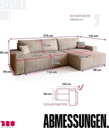 Диван з функцією сну, Диван з вельветової тканини, Короб для ліжка, Розкладний диван для вітальні, Кутовий диван, Окремостоячий, Adi XL Relax Sofa, 3-місний, 272x143x85 см, Бежевий, Дуже великий