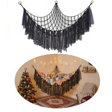 Гамак-іграшка з 2 м&39якими іграшками зі світлодіодними лампами, сітка для зберігання в дитячій кімнаті для організації плюшевих іграшок, декоративна підвісна сітка для декору спальні (чорний) Schwarz