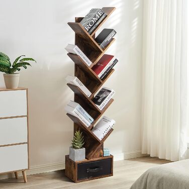 Рівнева книжкова полиця з шухлядою, книжкова полиця/полиця для CD/DVD у формі дерева, окремостояча полиця у формі дерева, перегородка для кімнати/полиця для файлів/полиця для зберігання, дерев&39яна, 38x20x149,5 см, вінтажний коричневий колір, 10-