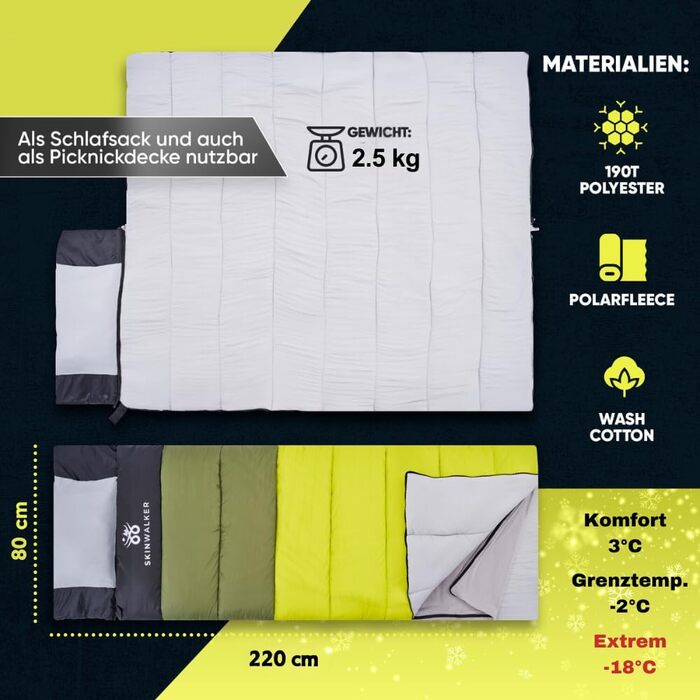 Зимовий спальний мішок SkinWalker для активного відпочинку на природі до -15C зі знімною флісовою ковдрою Зимовий спальний мішок для дорослих Спальний мішок та ковдра на 3-4 сезони, літо та зима, зелений