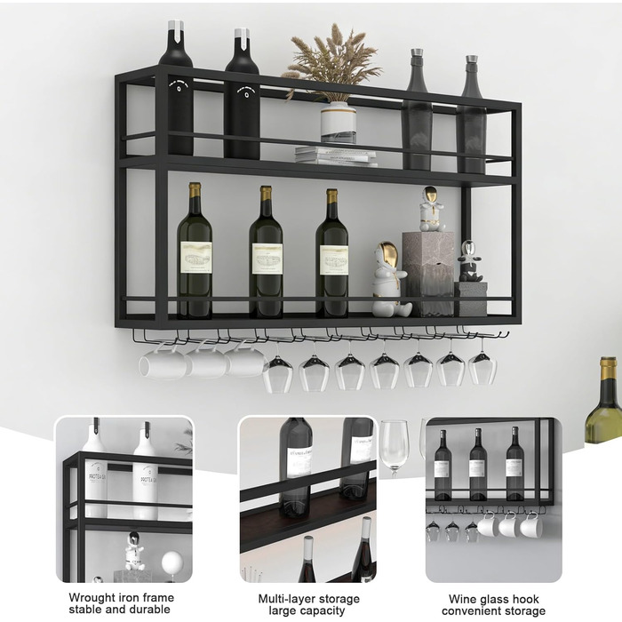 Промислова настінна винна підставка з тримачем для келихів, чорний металевий тримач для пляшок, багатофункціональна винна підставка, 2-ярусна, для домашнього бару, їдальні, кухні (1002065 см)