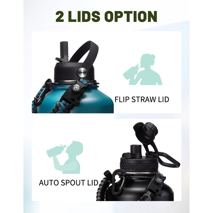 Ізольована пляшка для води з соломинкою - 1,8-літрова колба-термос з нержавіючої сталі з соломинкою для носика, кришкою, паракордо