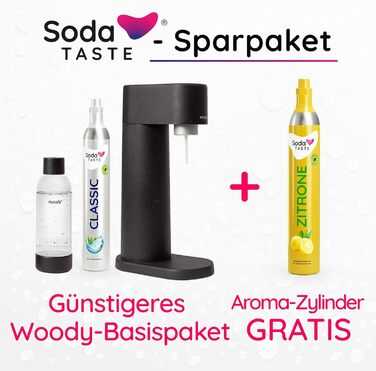 Економ-пакет Mysoda Woody - поновлюваний деревний композитний виробник газованої води з пластиковою пляшкою 1 л без BPA, класичним циліндром CO2 лимонним циліндром CO2 (чорний)