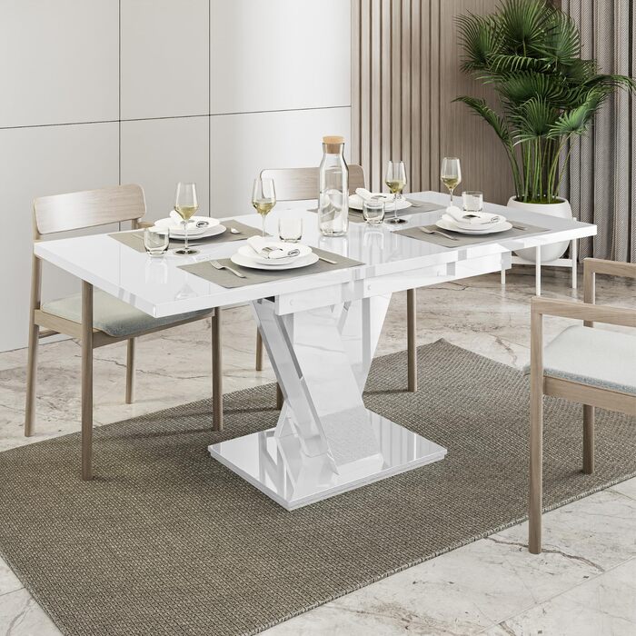 Розкладний обідній стіл (160 см) - 120x80x75 см - Сучасний - Обідній стіл - Обідній стіл - Стіл для їдальні, вітальні - Розкладний стіл - Білий глянцевий