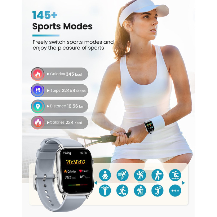 Розумний годинник для чоловіків та жінок з монітором/ЕКГ/ВСР/фітнес-годинник 1,83 дюйма з 24-годинним вимірюванням серцевого ритму/артеріального тиску/SpO2/сну/екстреного виклику SOS, понад 145 спортивних режимів, фітнес-годинник, крокомір, iOS, Android, 
