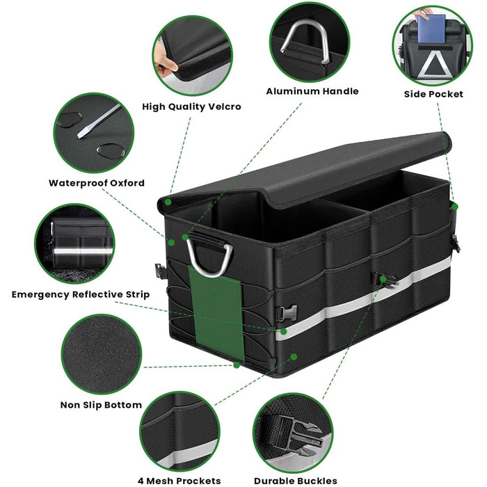 Органайзер для багажника WINHUNT, автомобільний органайзер для зберігання речей з водонепроникним кишенею, складний органайзер з багатьма відділеннями для автомобіля, позашляховика, седана, пікапа (Чорний, 66л) Чорний 66л