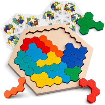 Coogam Wooden Hexagon Puzzle - Shape Block Tangram Brain Teaser Toy Geometry Logic IQ Game STEM Montessori Education Gift for All