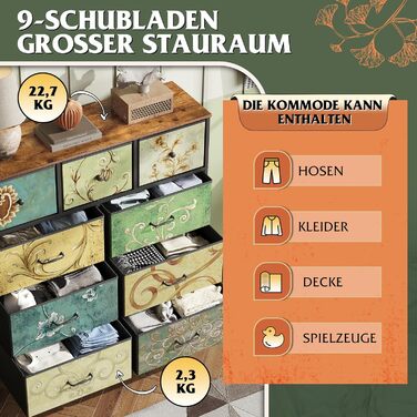 Комод WLIVE з 9 шухлядами з тканини, комод для спальні, комод для вітальні, з міцним сталевим каркасом, вінтажний принт