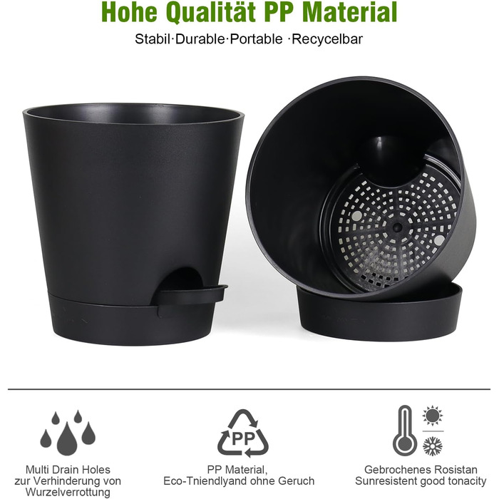Набір із 6 самополивних квіткових горщиків, 20,3/17,8/16,5/15,2/14/12,7 см, горщики для рослин із системою поливу, кашпо з блюдцем, набір квіткових горщиків, ідеально підходить для кімнатних та балконних садів, чисто чорний колір