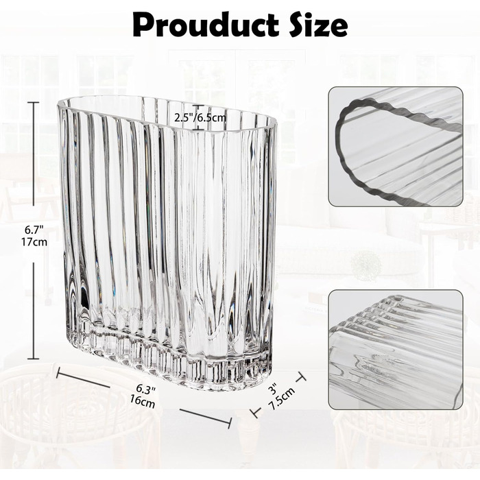 Ребриста ваза скляна ваза ваза ваза вази прикраса, квіткова ваза для прикраси столу, сучасна ваза прозора ваза скляна для вітальні, обіднього столу, вхідної зони, камінної полиці, полиці, весілля, офісу 16x7.5xh16.5cm-прозорий