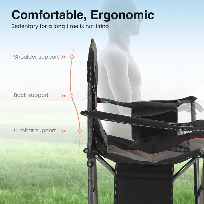 Складаний кемпінговий стілець HIGH POINT SPORTS, вантажопідйомність 200 кг, м&39який складний стілець з підсклянниками, складний рибальський стілець XXL з підлокітниками, вуличний стілець, чорний