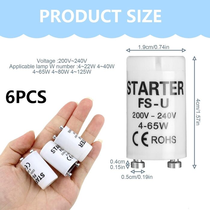 Стартер для люмінесцентних ламп, люмінесцентний для одноконтурної світлодіодної трубки лампи longlife light люмінесцентної лампи довготривалий стартер для люмінесцентних ламп LED лампи (6*4-65W), 6 шт.