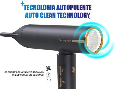 Безщітковий фен BEPER P301ASC010, 1800 Вт, 3 швидкості, 3 температурні режими, LED-індикатор температури, функція самоочищення сітки, чорний, з аксесуарами