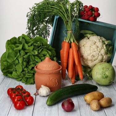 Горщик для часнику MamboCat Terra з теракоти Ø 12,8 см Глиняний горщик з кришкою для вашої кухні Гарної форми контейнер для зберігання з рельєфним малюнком та написами Ідеально підходить для тривалого зберігання