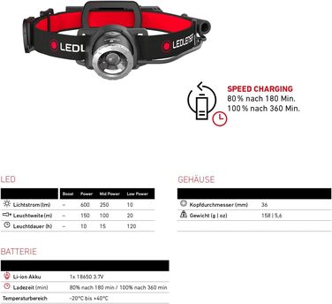 Світлодіодний налобний ліхтар Ledlenser H8R, акумуляторний від літієвої батареї 18650, 600 люмен, фокусувальний, до 120 годин роботи, червоне заднє світло, поворотний, кабель для заряджання USB, налобний