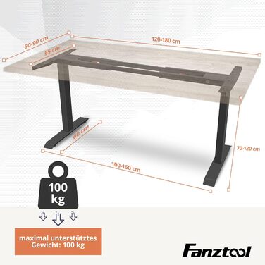 Каркас столу FANZWORK з 2 двигунами Bosch, вантажопідйомність до 100 кг, електричне регулювання висоти, функція пам&39яті, USB-C, кабельний лоток, чорний