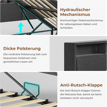 М&39яке ліжко-диван-ліжко 140x200 з USB-розетками та гідравлічним відділенням для зберігання, Ліжка 140x200 зі світлодіодним узголів&39ям та рейковою основою, Дитяче ліжко-кушетка, Двоспальне ліжко, Льняне, Темно-сірий (без матраца) 140 x 200 см Темно-сір