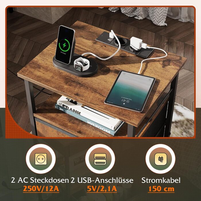 Приліжкова тумба WLIVE з функцією зарядки, бічний столик з 2 USB-портами та 2 розетками, 3-ярусна тумба для спальні, вітальні, офісу (колір рустик-коричневий)