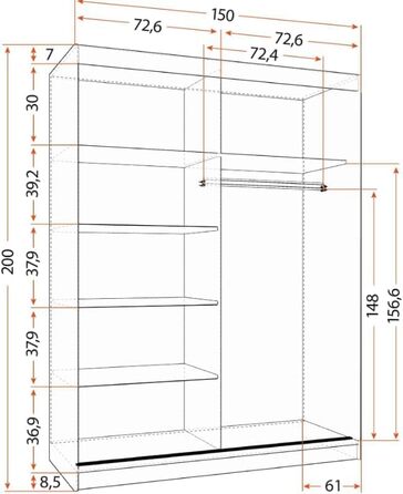 Шафа з дзеркалом, розсувні двері - Чорна шафа з розсувними дверима, шафа для спальні - 61 x 150 x 200 см - Шафа для спальні, гардеробна, шафа чорний/чорний