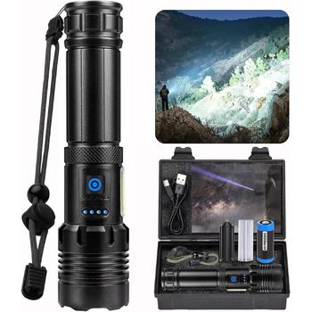 Акумуляторний світлодіодний ліхтарик, 1000000 люмен, надзвичайно яскравий тактичний ліхтарик із можливістю масштабування, 7 режимами освітлення та тривалим часом роботи від батареї, водонепроникний ручний ліхтарик для кемпінгу, походів, риболовлі, активно