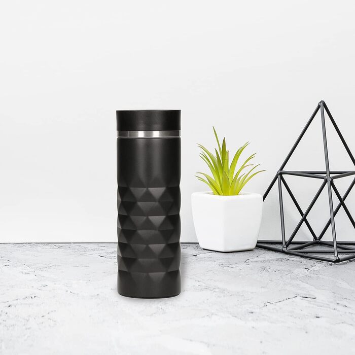 Термокружка Elasto Premium з нержавіючої сталі з кнопкою 450 мл Герметична кришка Гаряча та холодна Без BPA Термокружка для кави з собою з діамантами Матовий блиск Чорний онікс