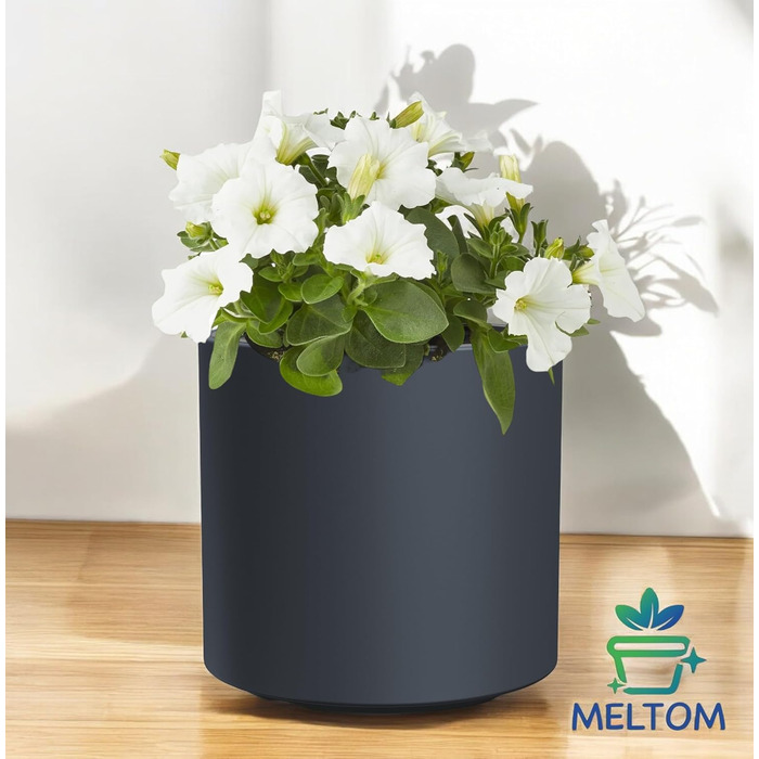 Квітковий горщик MELTOM з вкладишем та системою поливу Круглий та сучасний Морозостійкий та стійкий до ультрафіолету Пластиковий горщик для використання в приміщенні та на вулиці (Антрацит, XL) Антрацит XL