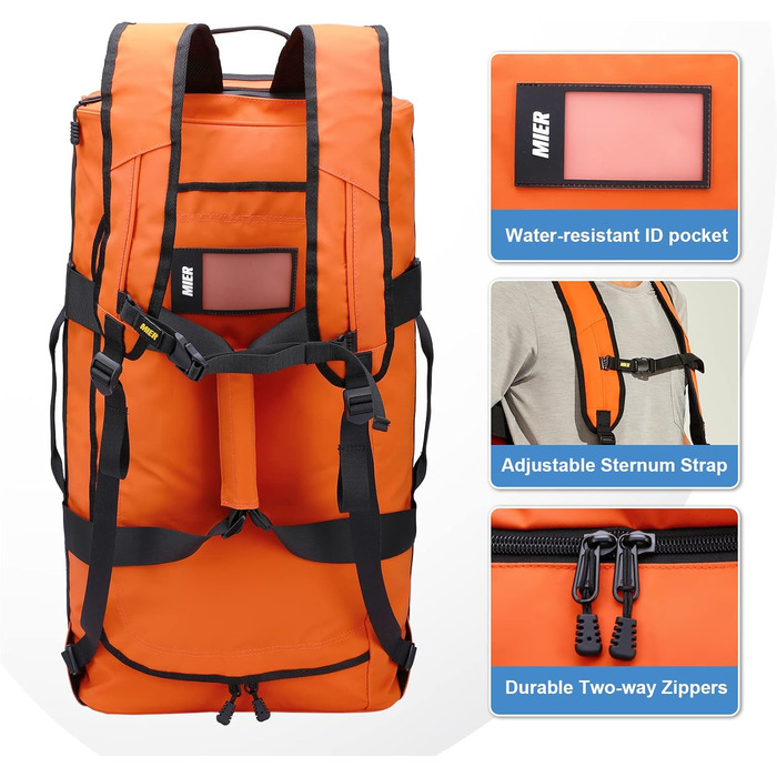 Чоловіча спортивна сумка MIER, водостійка дорожня сумка, великий міцний трансформований спортивний рюкзак з ремінцями для рюкзака та відділенням для взуття для спортзалу, спорту, подорожей, сумка для речей, 60 л/90 л помаранчевого кольору 60 л