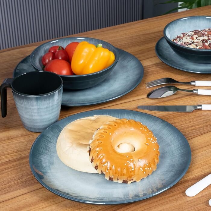 Набір меламінового посуду Jesolo Grey для 4 осіб, вигляд кераміки, можна мити в посудомийній машині, аксесуари для кемпінгу, посуд для каравану, посуд для фестивалів, посуд для пікніка, посуд для садової вечірки, 12 предметів