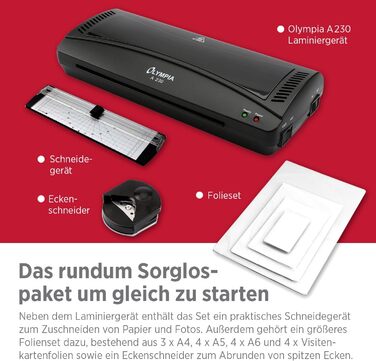 Ламінувальний набір Olympia A 230 4-в-1 Гаряче та холодне ламінування Ламінатор з закруглювачем кутів, різаком для паперу та ламінувальними пакетами Ламінування без бульбашок Захист від перегріву Одинарний ламінатор A4