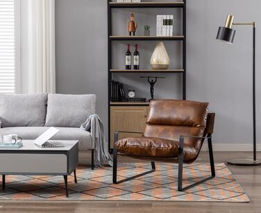 Крісло для вітальні, крісло для читання з підлокітниками, сучасне крісло для відпочинку з металевим каркасом, штучна шкіра, коричневий колір